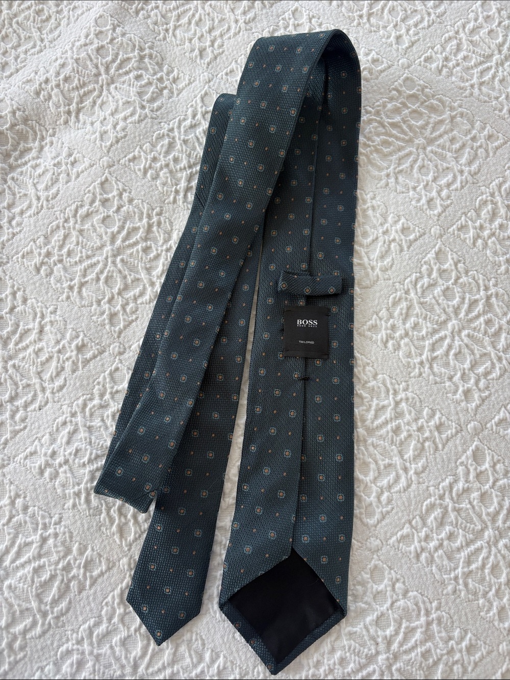 BOSS Men's Teal Silk Tie with Small Geometric Medallions